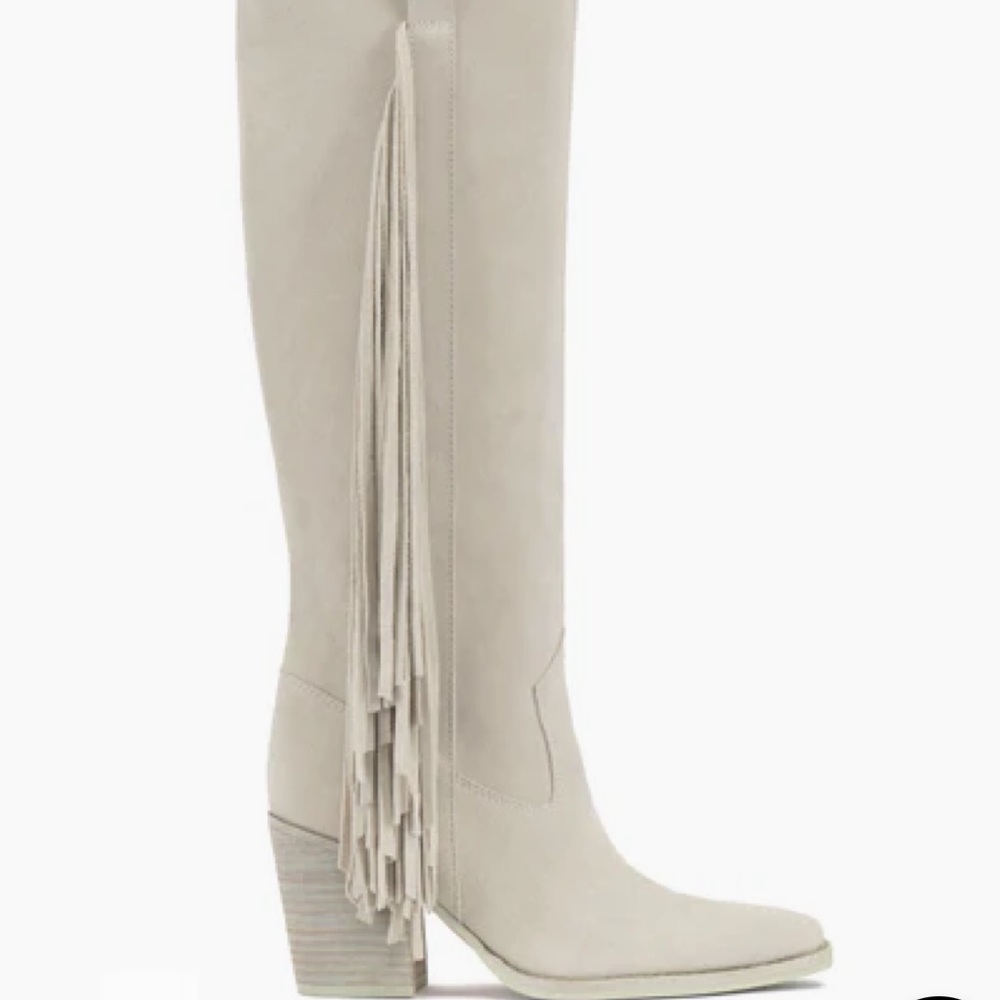 Vince Camuto Tall Fringe Heeled Boots in Off-White